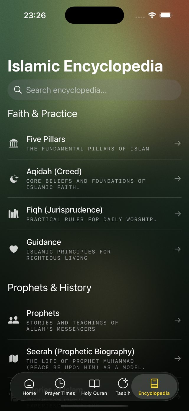 The encyclopedia index, listing the Five Pillars, Aqidah, Fiqh, Guidance, the Prophets and the Seerah.