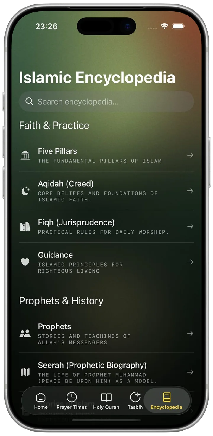 The encyclopedia index, listing the Five Pillars, Aqidah, Fiqh, Guidance, the Prophets and the Seerah.