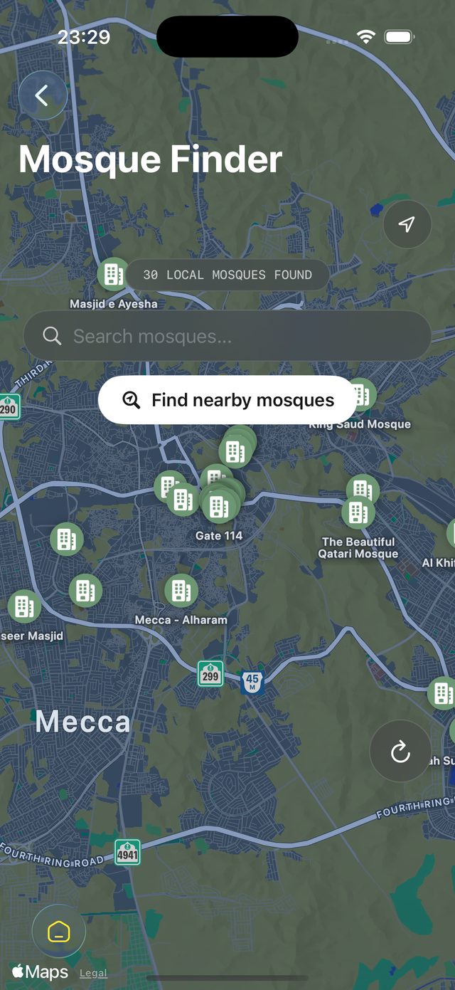 A map of Mecca with thirty nearby mosques marked, and a search field above it.
