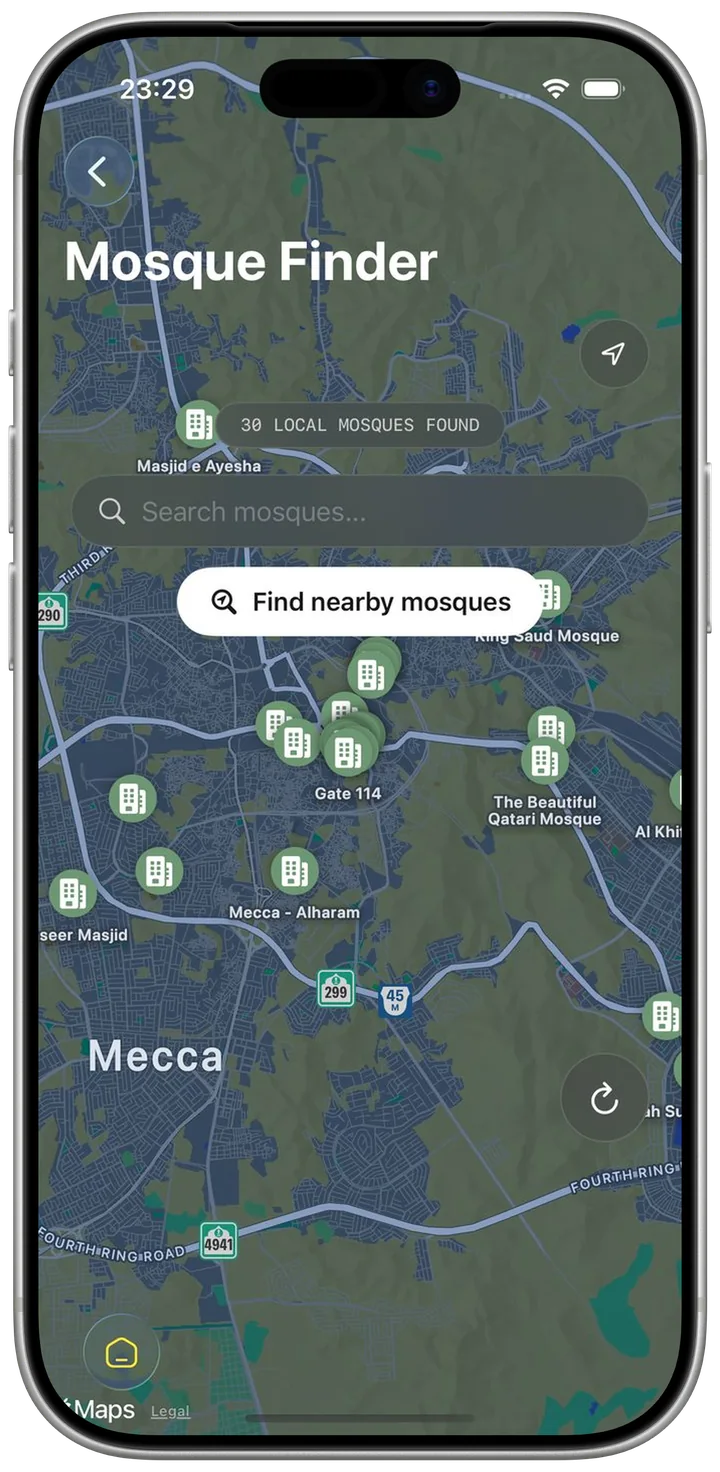 A map of Mecca with thirty nearby mosques marked, and a search field above it.