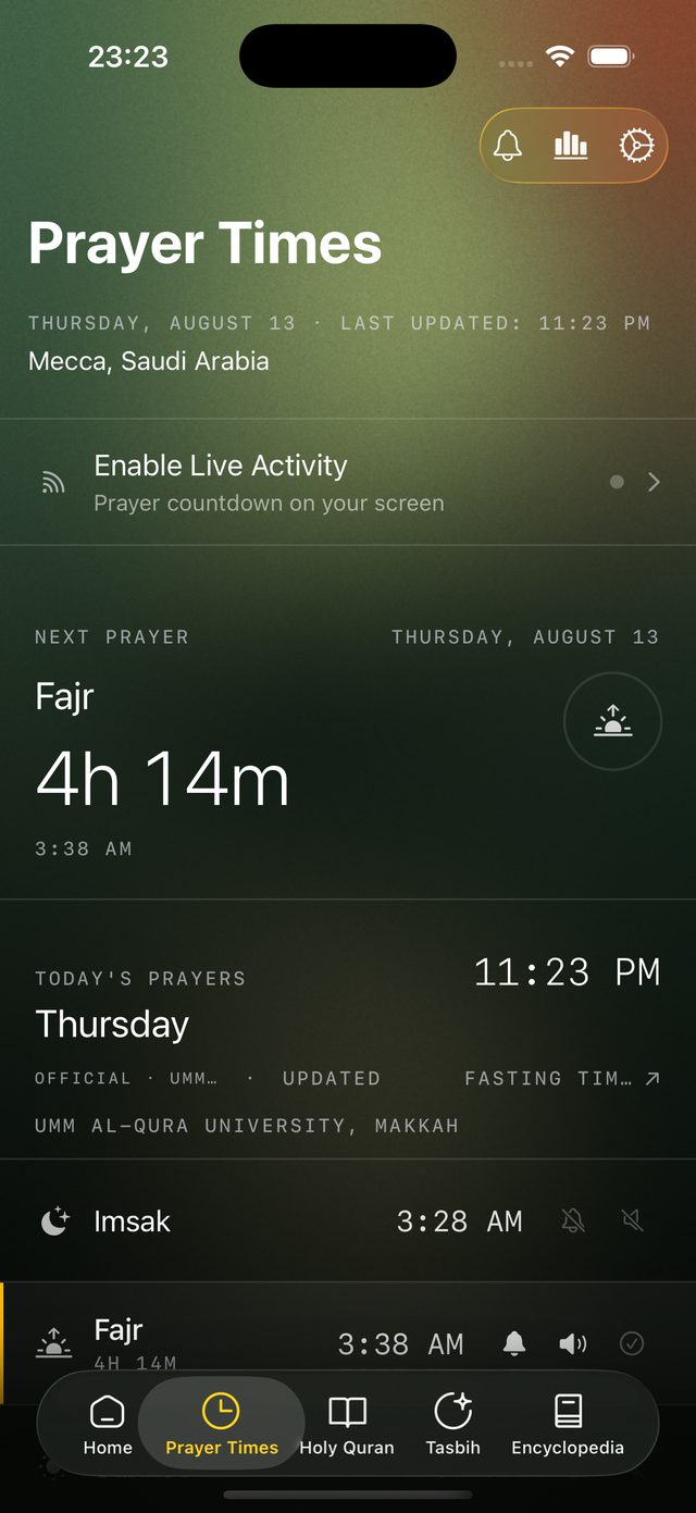 The prayer times screen for Mecca, with Fajr as the next prayer, a countdown to it, and today's times below.