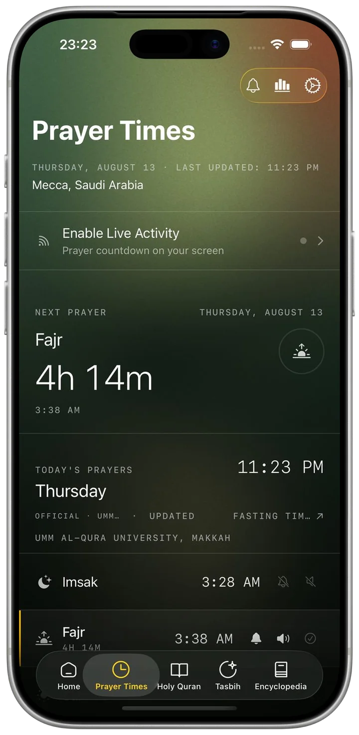 The prayer times screen for Mecca, with Fajr as the next prayer, a countdown to it, and today's times below.