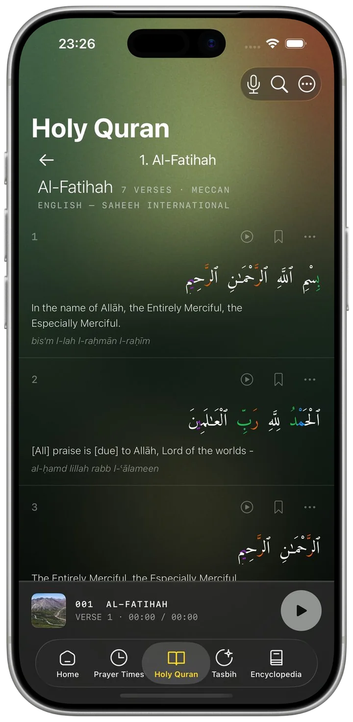 Surah Al-Fatihah, with the Arabic text colour-coded for tajwid, an English translation and a transliteration under each verse.